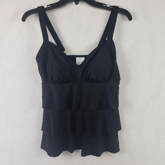 Swim Solutions Tankini Top Womens 10 Black Triple Pleat Ruffle Adjustable Straps - Picture 3 of 12